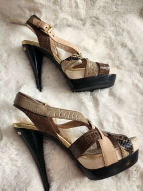 Cole Haan Brown & Beige Multi-Texture Strappy High Heels